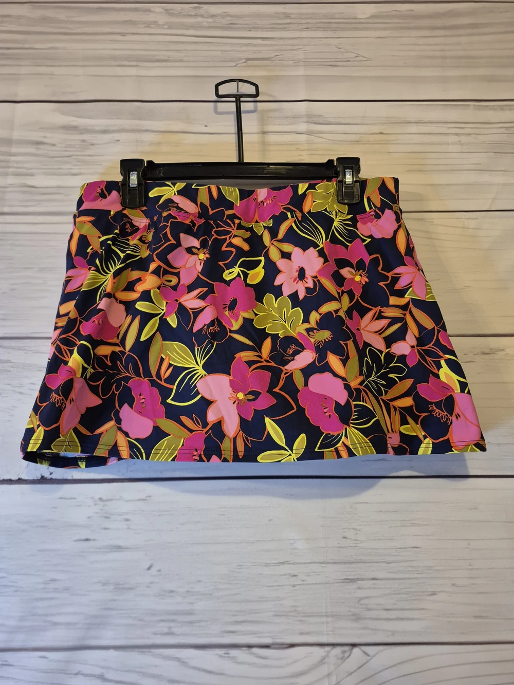 Lands' End Navy Swim Skirt with Pink & Yellow Tropical Floral Print 12 Petite